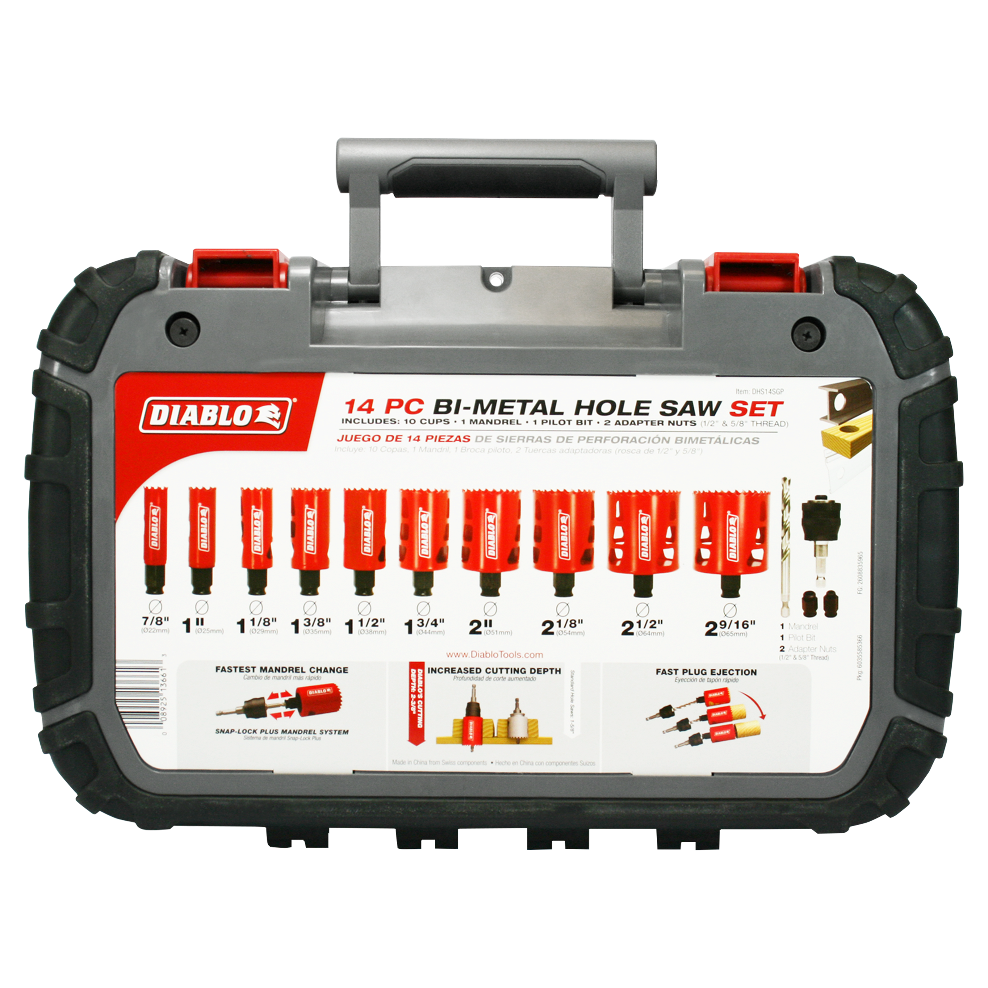 Diablo 14-piece bi-metal hole saw set in carrying case with red saws, mandrel, pilot bit, and adapter nuts displayed.