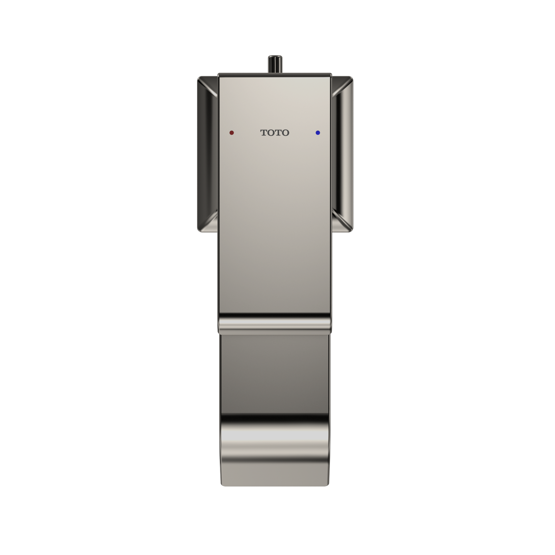Polished nickel single-handle bathroom sink faucet with rectangular body and curved side handles.