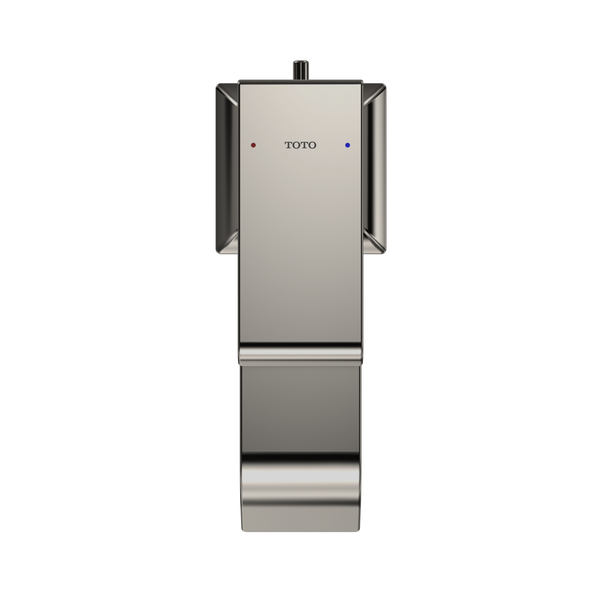Polished nickel single-handle bathroom sink faucet with rectangular body and curved side handles.
