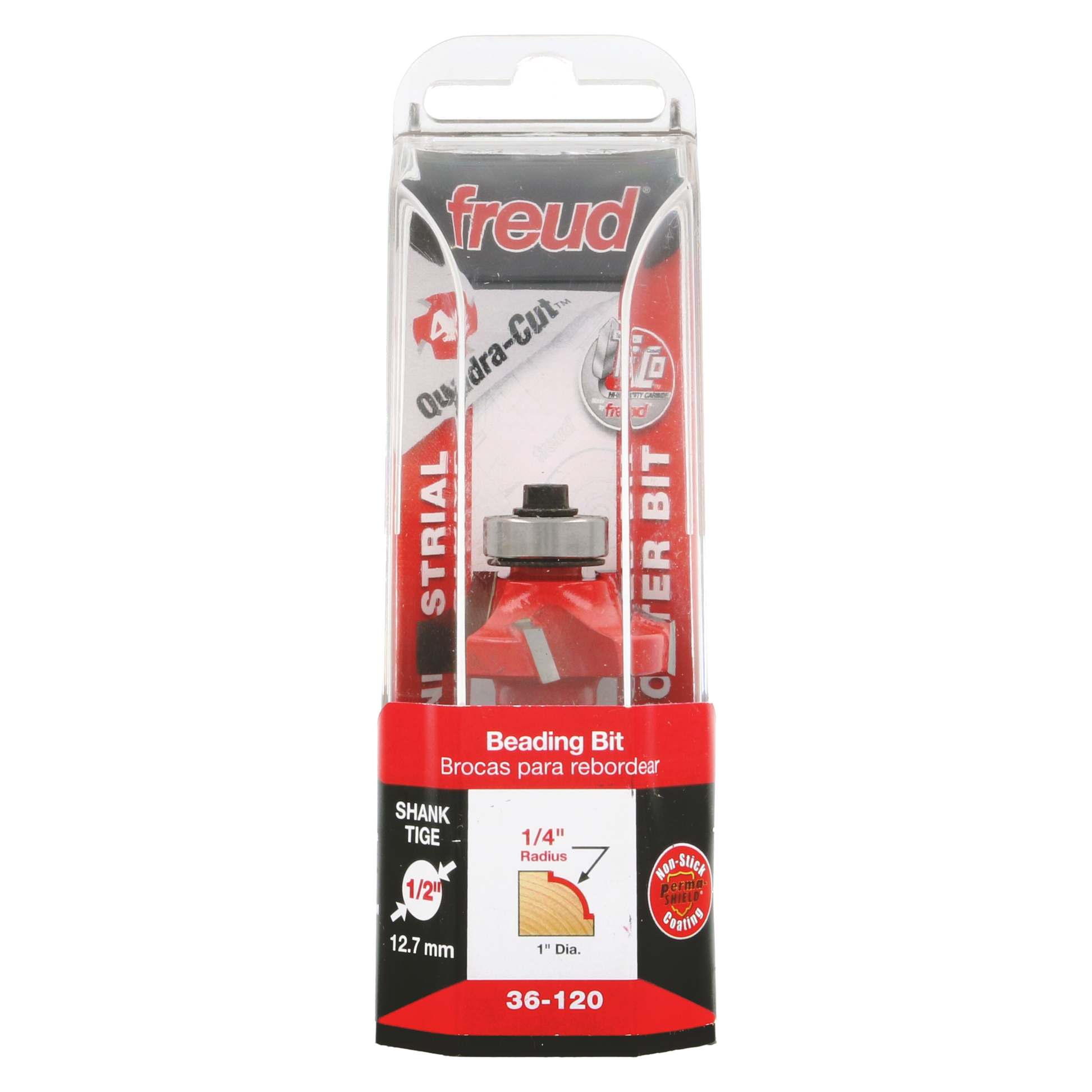 Freud 36-120 1/4" radius beading bit with 1/2" shank in clear plastic clamshell packaging.
