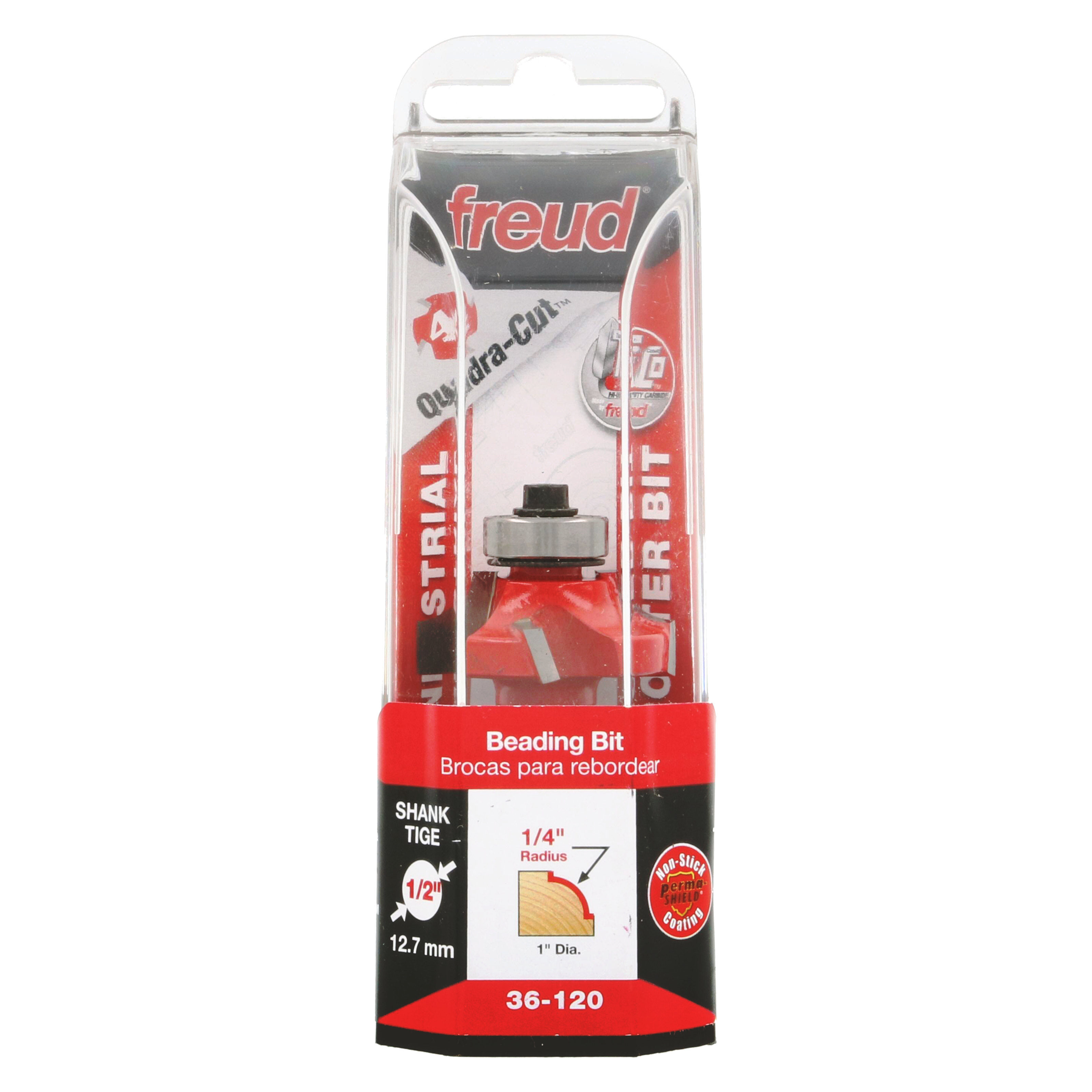 Freud 36-120 1/4" radius beading bit with 1/2" shank in clear plastic clamshell packaging.