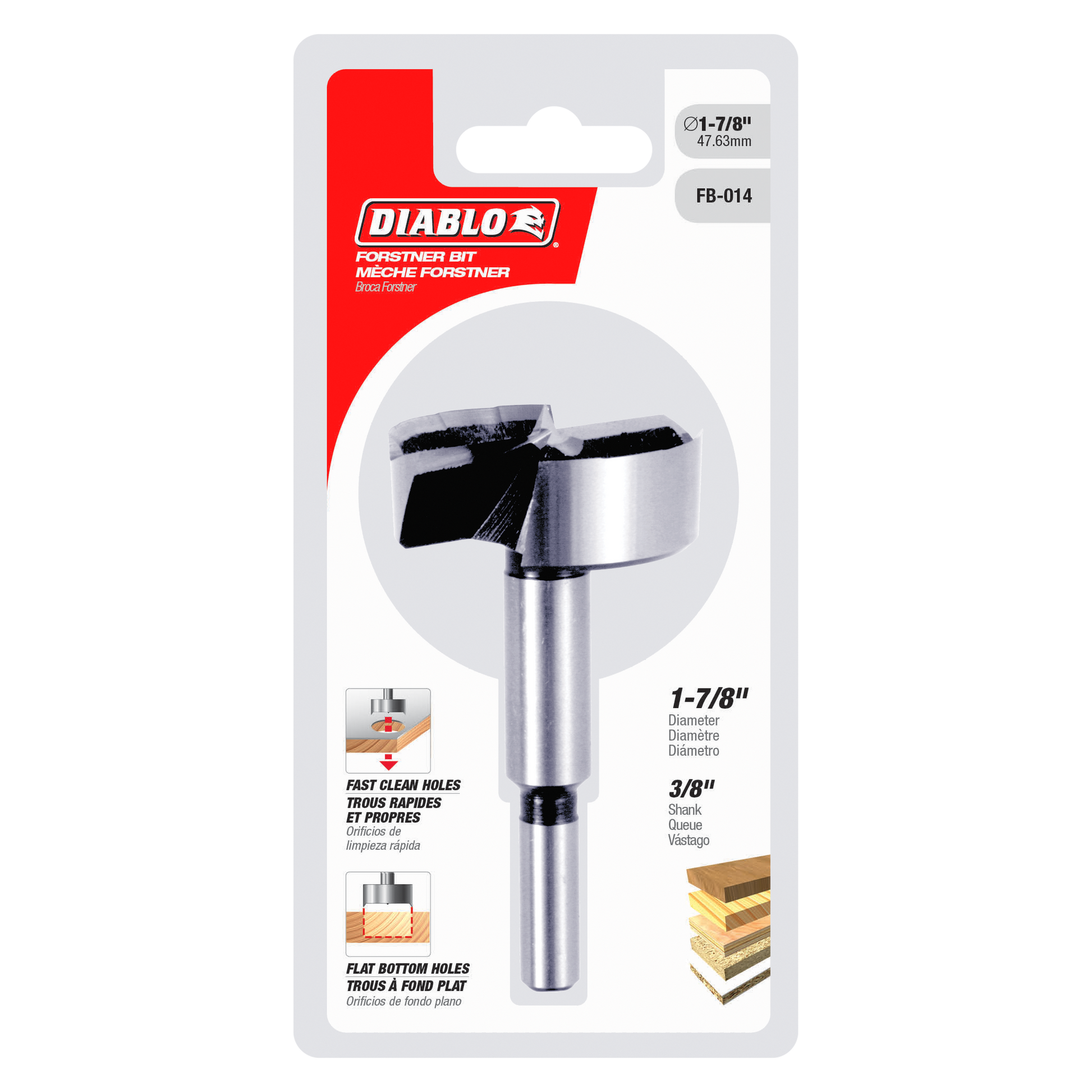 Diablo FB-014 Forstner bit with 1-7/8 inch diameter and 3/8 inch shank on retail packaging.