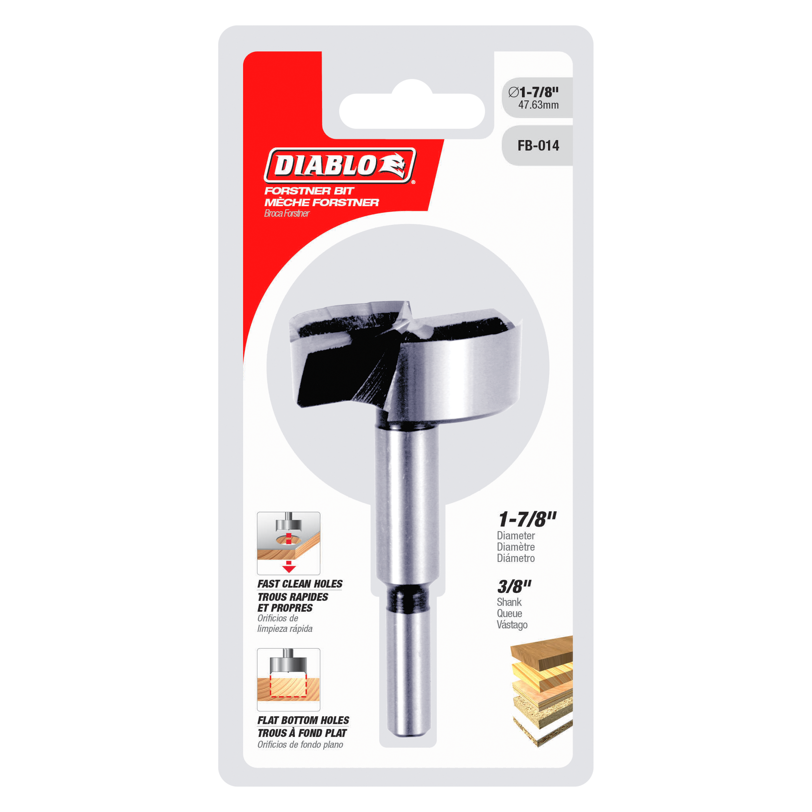 Diablo FB-014 Forstner bit with 1-7/8 inch diameter and 3/8 inch shank on retail packaging.