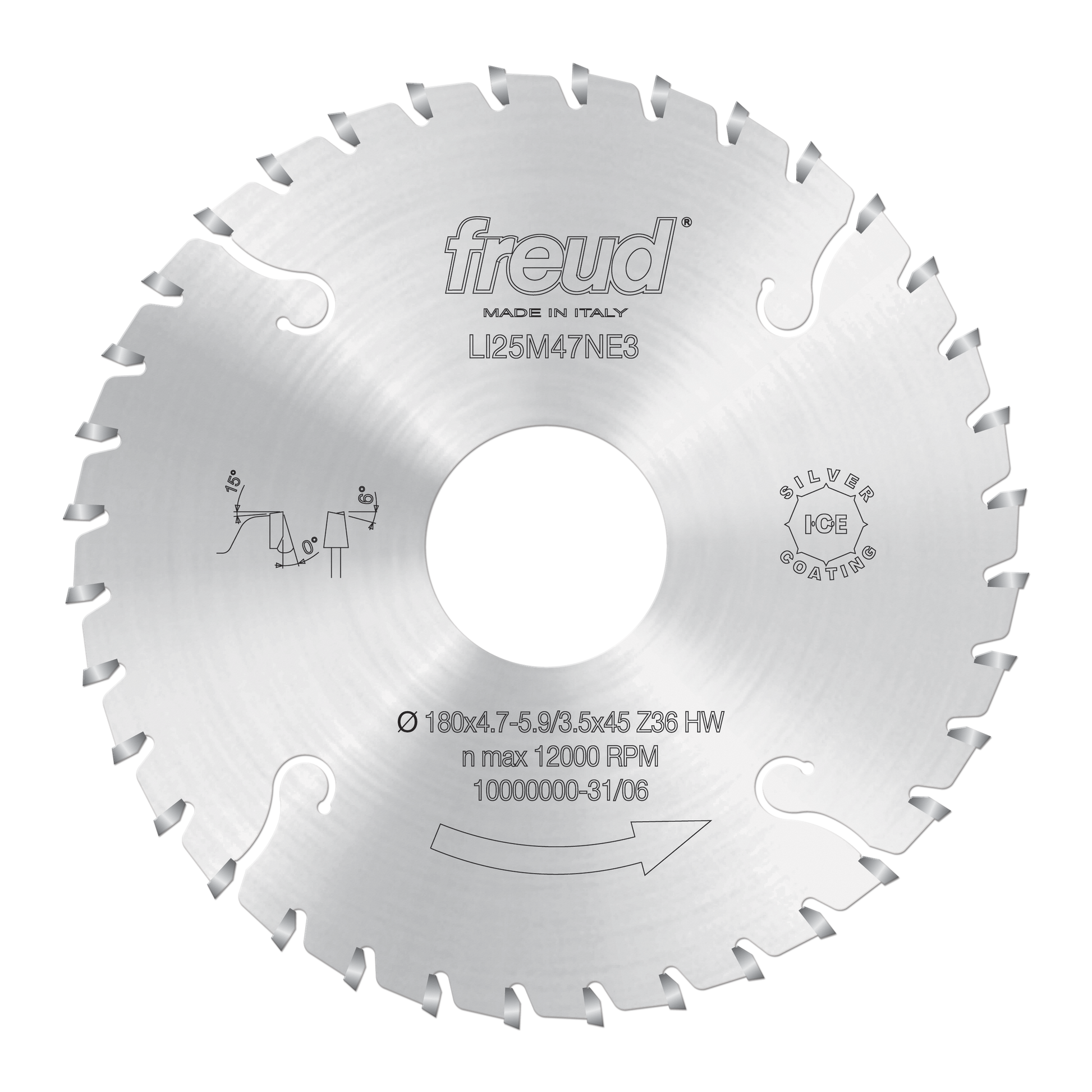 Circular saw blade with conical scoring teeth, silver finish, center hole, and engraved Freud branding and specifications.