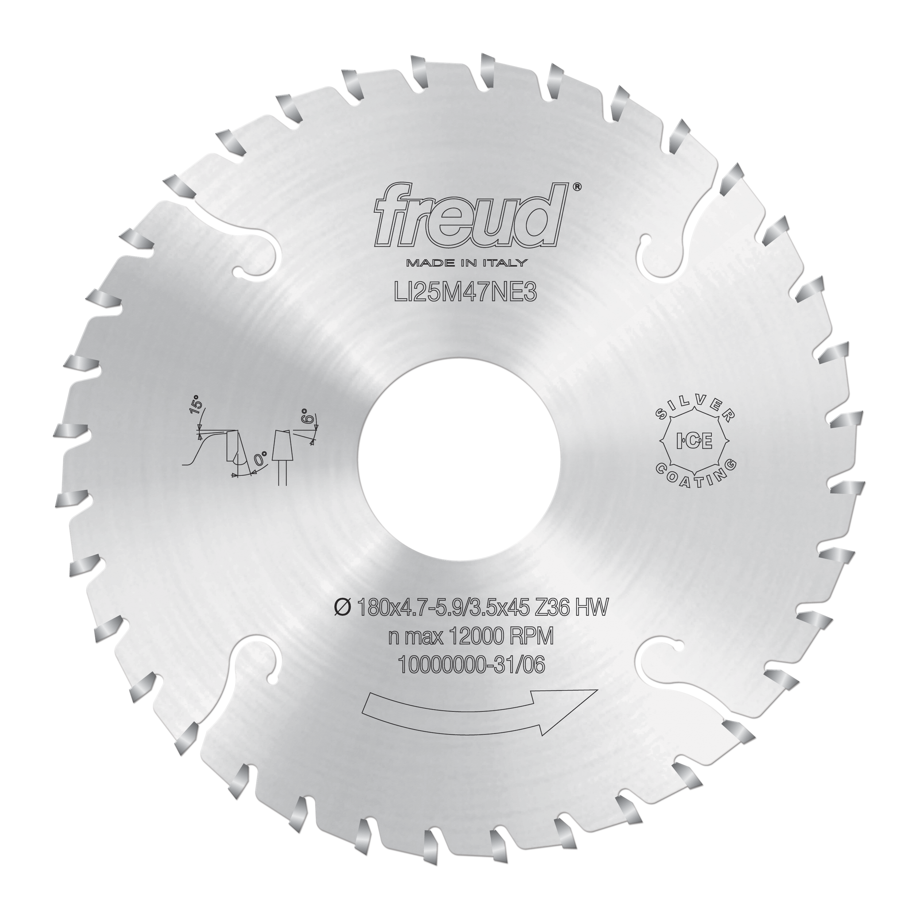 Circular saw blade with conical scoring teeth, silver finish, center hole, and engraved Freud branding and specifications.