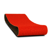 Red sanding belt with black backing, 4 inches wide by 24 inches long.