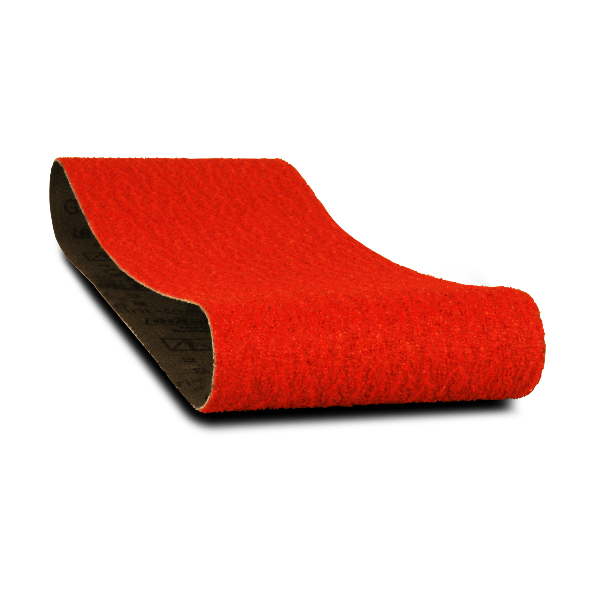 Red sanding belt with black backing, 4 inches wide by 24 inches long.