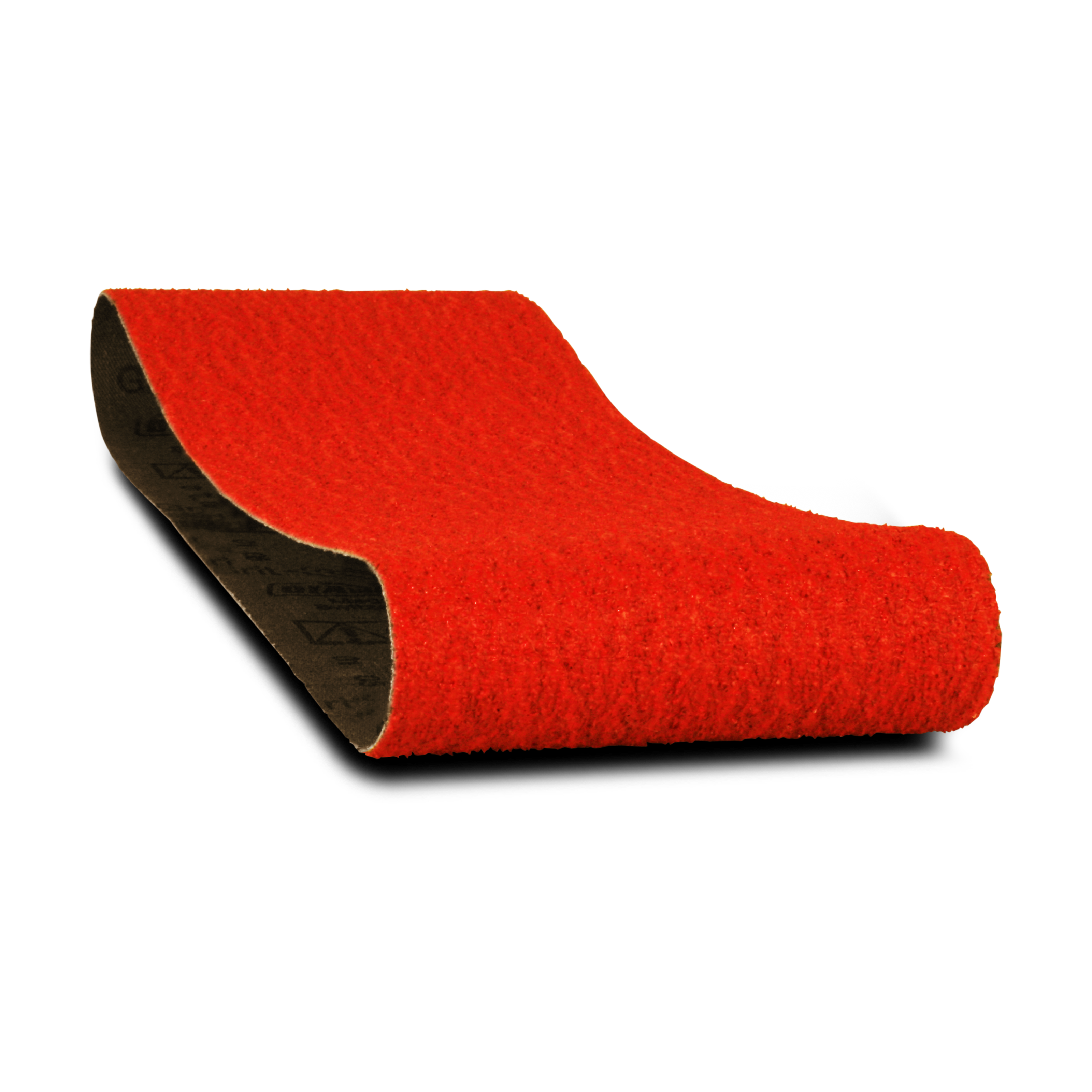 Red sanding belt with black backing, 4 inches wide by 24 inches long.