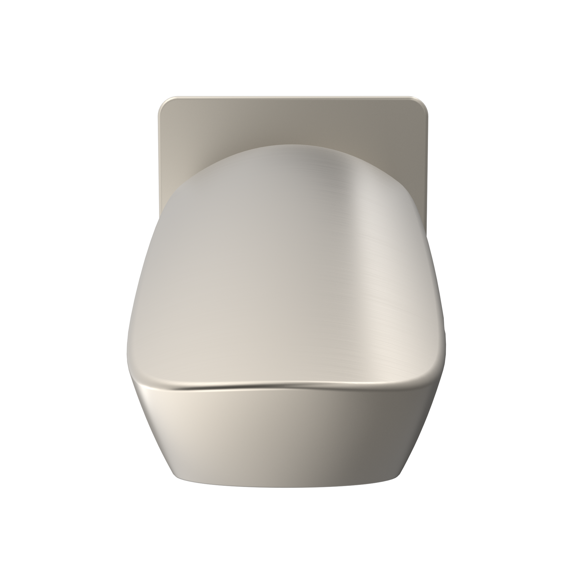 Brushed nickel wall-mounted tub spout with curved barrel shape and rectangular mounting flange.