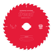 Red circular saw blade with multiple teeth around the edge, white center hole, and Freud branding on the face.