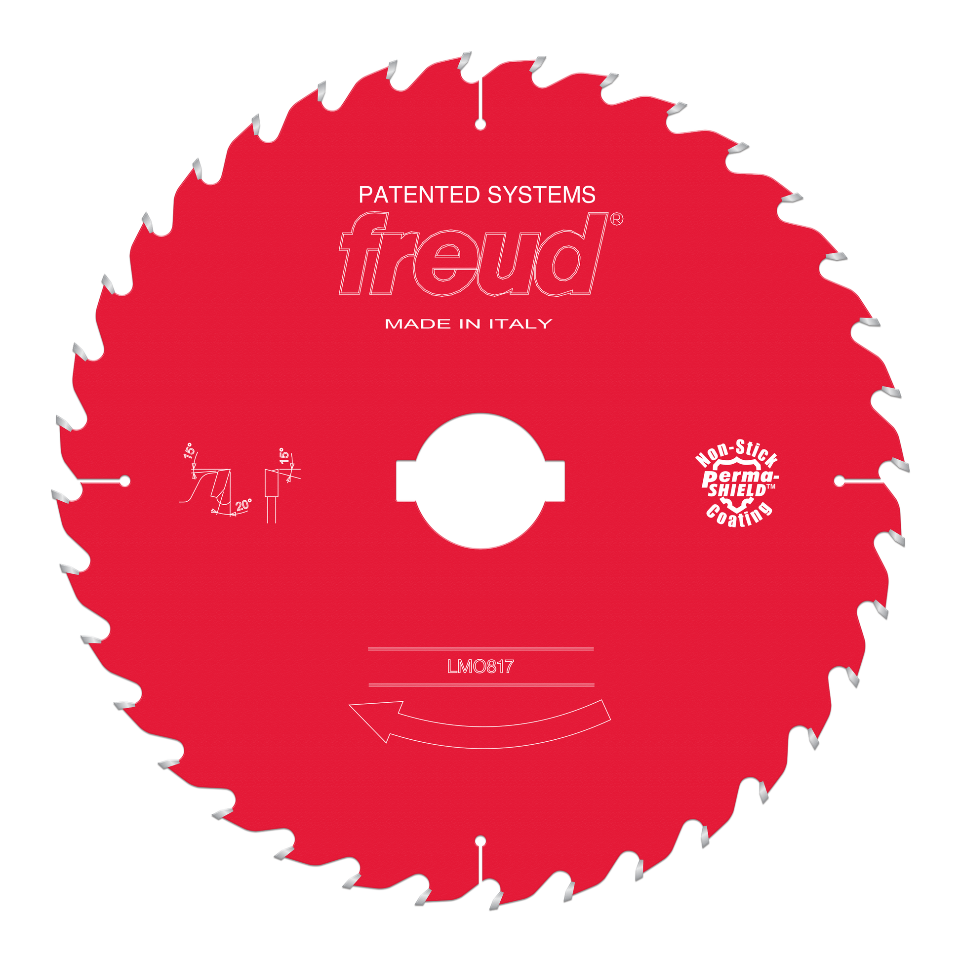Red circular saw blade with multiple teeth around the edge, white center hole, and Freud branding on the face.
