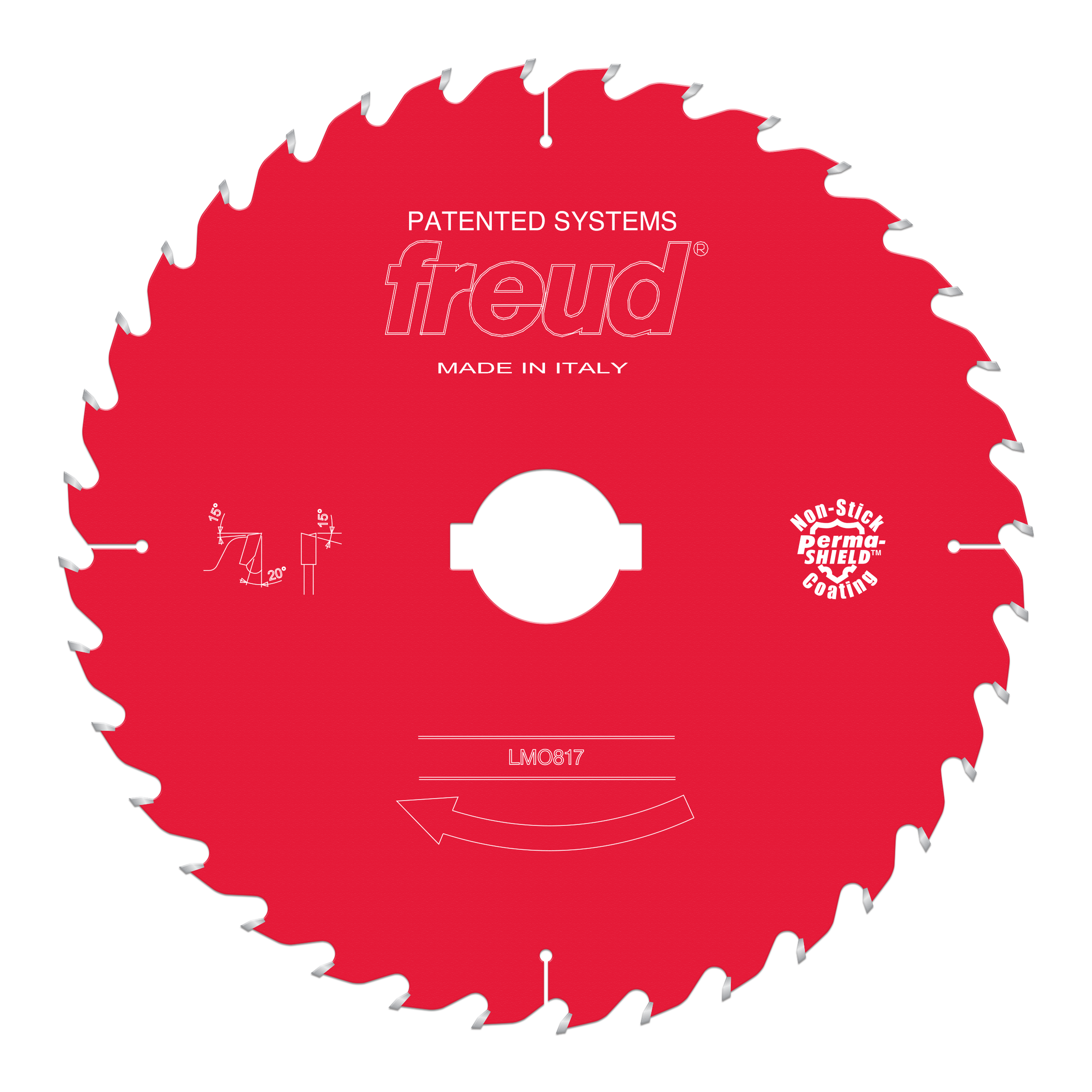 Red circular saw blade with multiple teeth around the edge, white center hole, and Freud branding on the face.