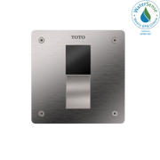 Stainless steel cover plate with centered black and silver sensor window, four mounting holes, and TOTO branding.