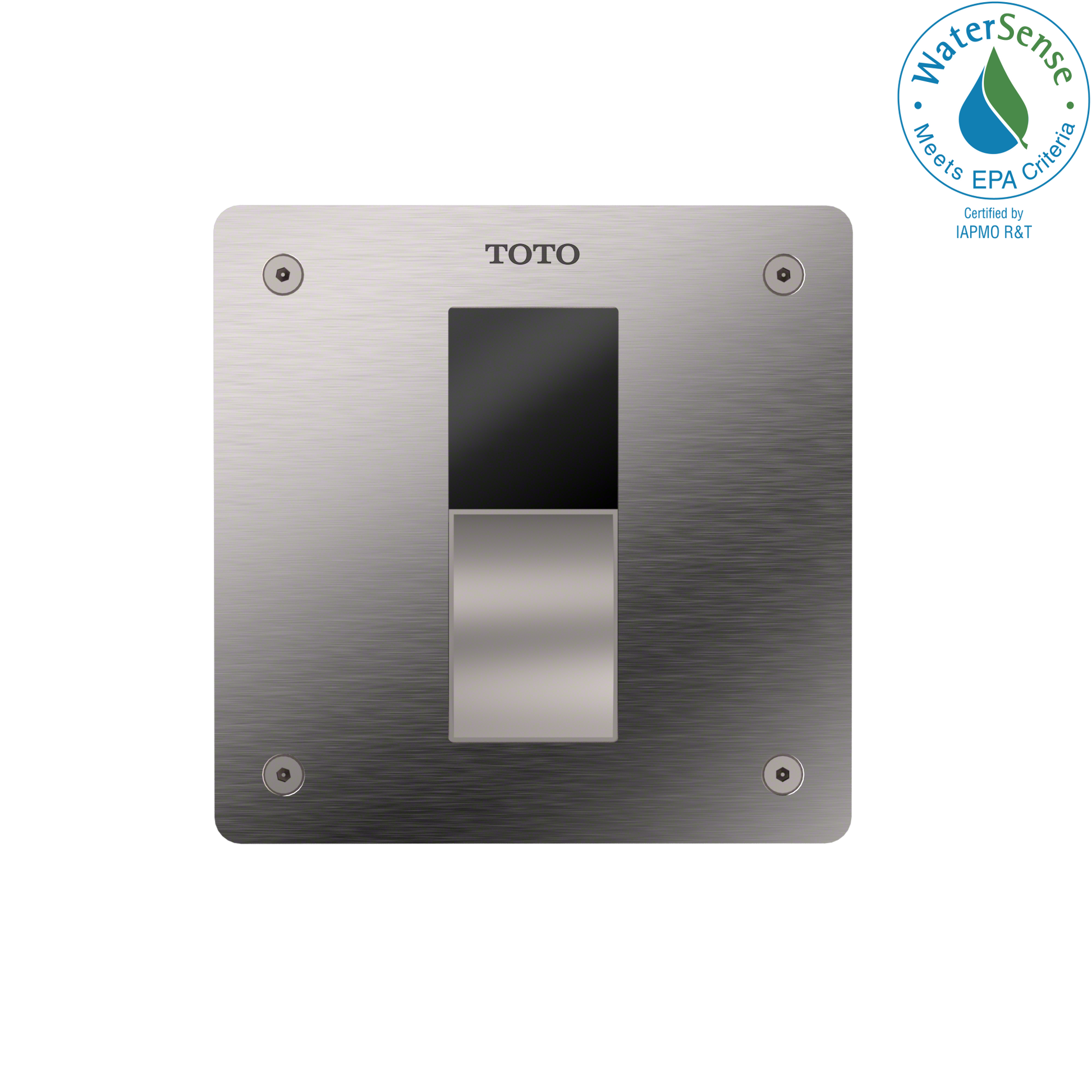 Stainless steel square cover plate with TOTO branding, touchless sensor strip, and four mounting holes.