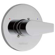 Chrome faucet valve trim with lever handle, red and blue temperature indicators, and circular escutcheon plate.