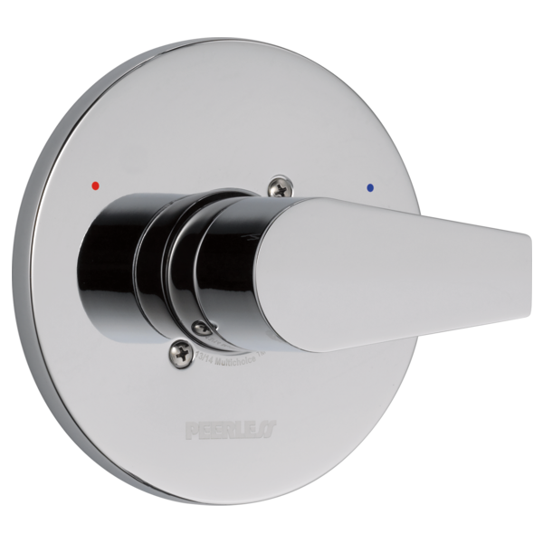 Chrome faucet valve trim with lever handle, red and blue temperature indicators, and circular escutcheon plate.