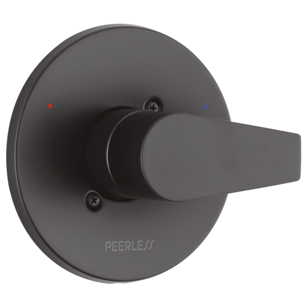 Matte black round valve trim with lever handle and temperature indicator dots.