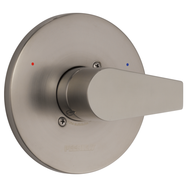 Brushed nickel valve trim with round escutcheon plate, single lever handle, and temperature indicators.