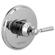 Chrome valve trim with circular escutcheon plate and single lever handle for shower or tub installation.