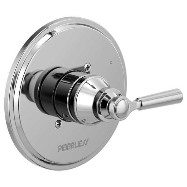 Chrome valve trim with circular escutcheon plate and single lever handle for shower or tub installation.