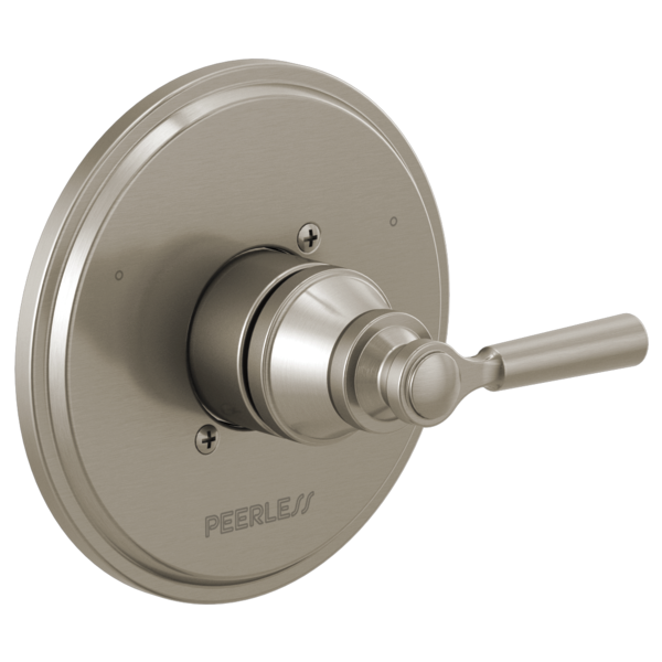 Brushed nickel round valve trim with single lever handle and decorative escutcheon plate.