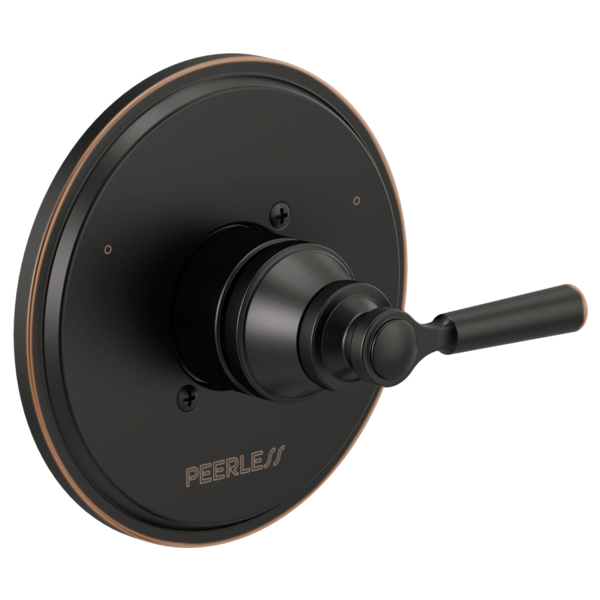 Black faucet valve trim with round escutcheon plate, single lever handle, and oil-rubbed bronze accent ring.