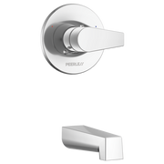 Chrome tub trim kit with round escutcheon plate, lever handle, and rectangular spout.