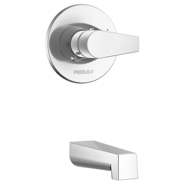 Chrome tub trim kit with round escutcheon plate, lever handle, and rectangular spout.