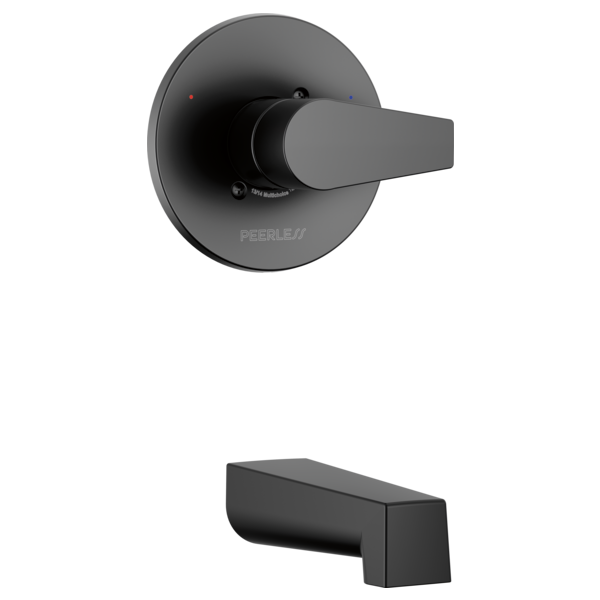 Black matte finish tub trim kit with round wall plate, lever handle, and tub spout.