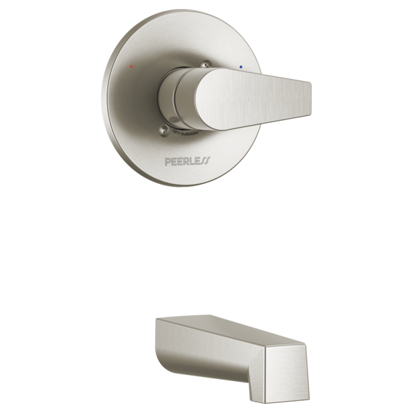 Brushed nickel tub valve trim with round escutcheon, lever handle, and tub spout.