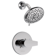 Chrome shower trim kit with round showerhead and single-handle valve control.