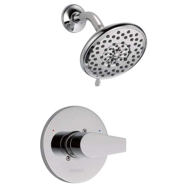 Chrome shower trim kit with round showerhead and single-handle valve control.