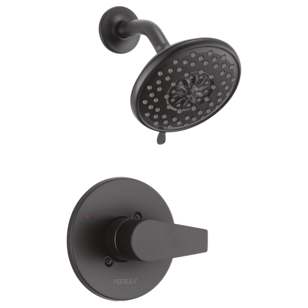Black matte shower trim kit with round showerhead and lever handle control valve.
