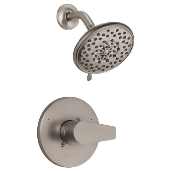 Brushed nickel shower trim kit with round showerhead, curved arm, and single-lever handle on circular escutcheon plate.