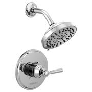 Chrome shower trim with round showerhead and wall-mounted valve with single lever handle.