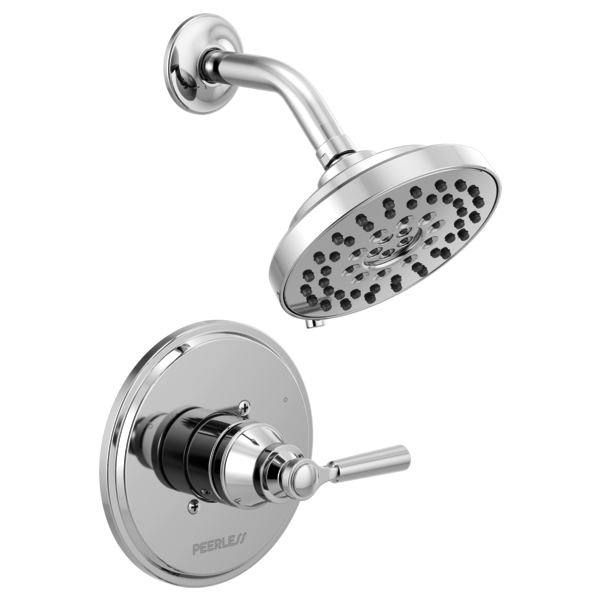 Chrome shower trim with round showerhead and wall-mounted valve with single lever handle.