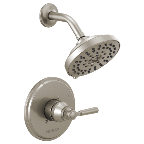 Brushed nickel shower trim with round trim plate, lever handle, and overhead showerhead with multiple spray holes.
