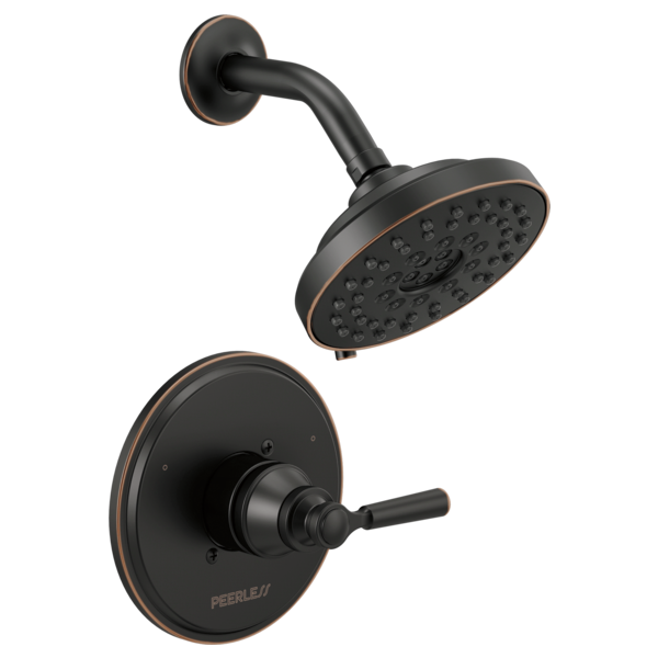 Black shower trim with round escutcheon, single lever handle, and perforated showerhead with oil-rubbed bronze accents.