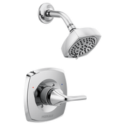 Chrome shower trim kit with square showerhead, curved arm, and single-lever wall-mounted valve control.