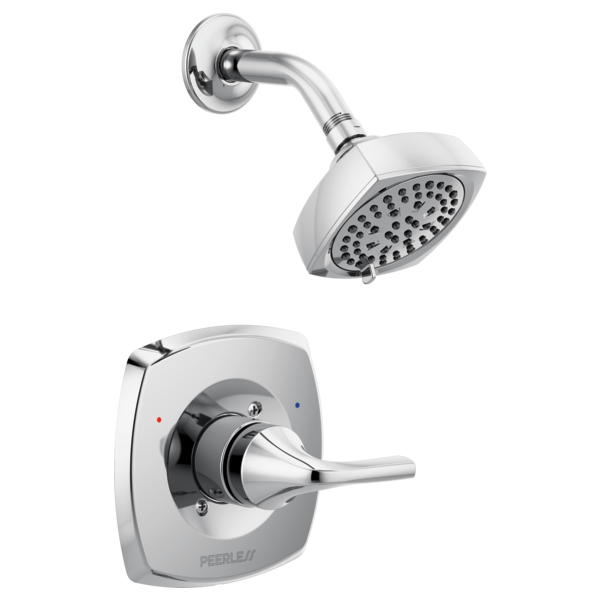 Chrome shower trim kit with square showerhead, curved arm, and single-lever wall-mounted valve control.
