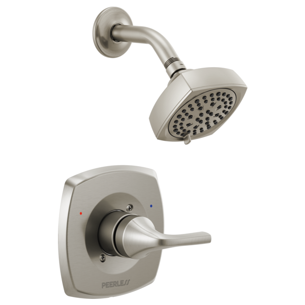 Brushed nickel shower trim kit with square showerhead, curved arm, wall plate, and single lever handle.
