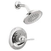 Chrome shower trim kit with round showerhead and single lever valve control mounted on wall.