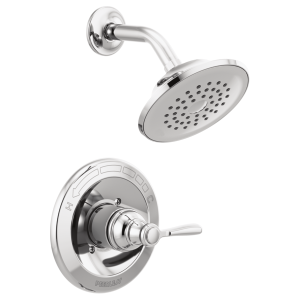 Chrome shower trim kit with round showerhead and single lever valve control mounted on wall.