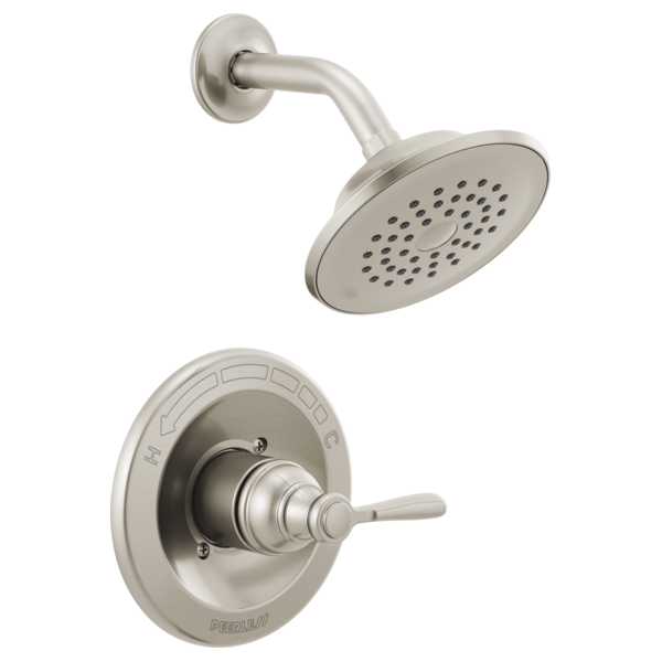 Brushed nickel shower trim kit with round showerhead and single-lever valve control on circular escutcheon plate.