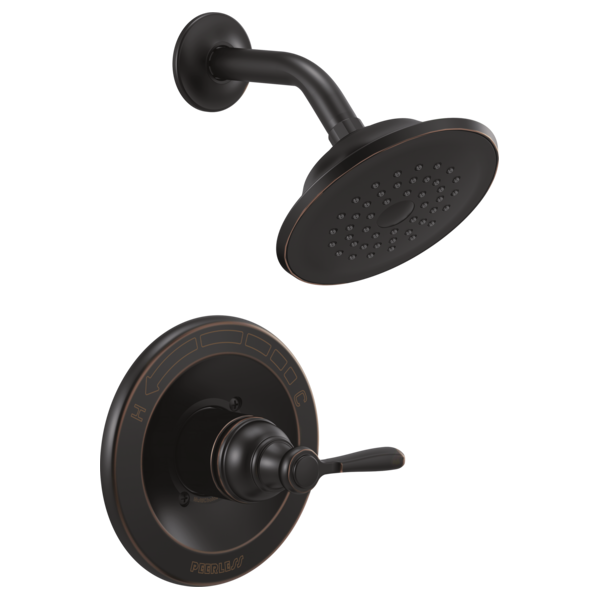 Black shower trim kit with round showerhead, curved arm, and wall-mounted control valve with lever handle.