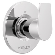 Chrome and white diverter trim with lever handle and three numbered settings for directing water flow.