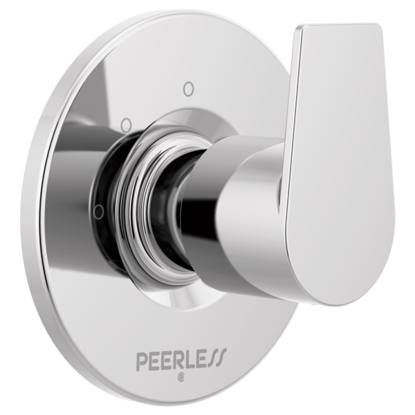 Chrome and white diverter trim with lever handle and three numbered settings for directing water flow.