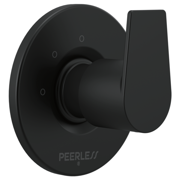 Black matte faucet diverter trim with circular backplate, central knob, and lever handle marked with three settings.