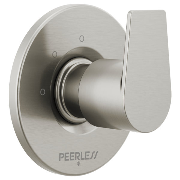 Brushed nickel faucet diverter trim with round escutcheon plate and lever handle.