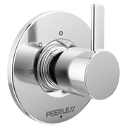 Chrome faucet diverter trim with circular backing plate, cylindrical handle, and vertical lever on polished metal finish.